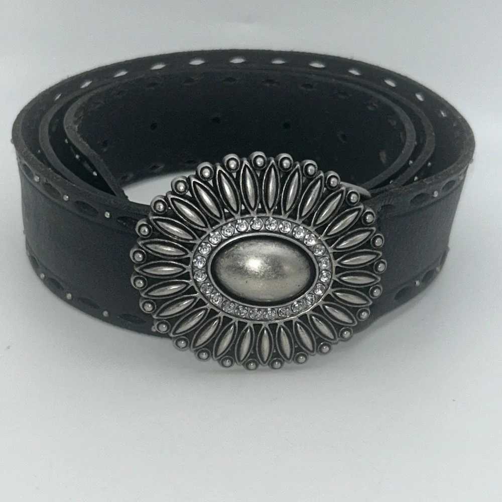 Fossil‎ Genuine Leather Boho Southwestern Belt Bronze Rhinestone Buckle Black L